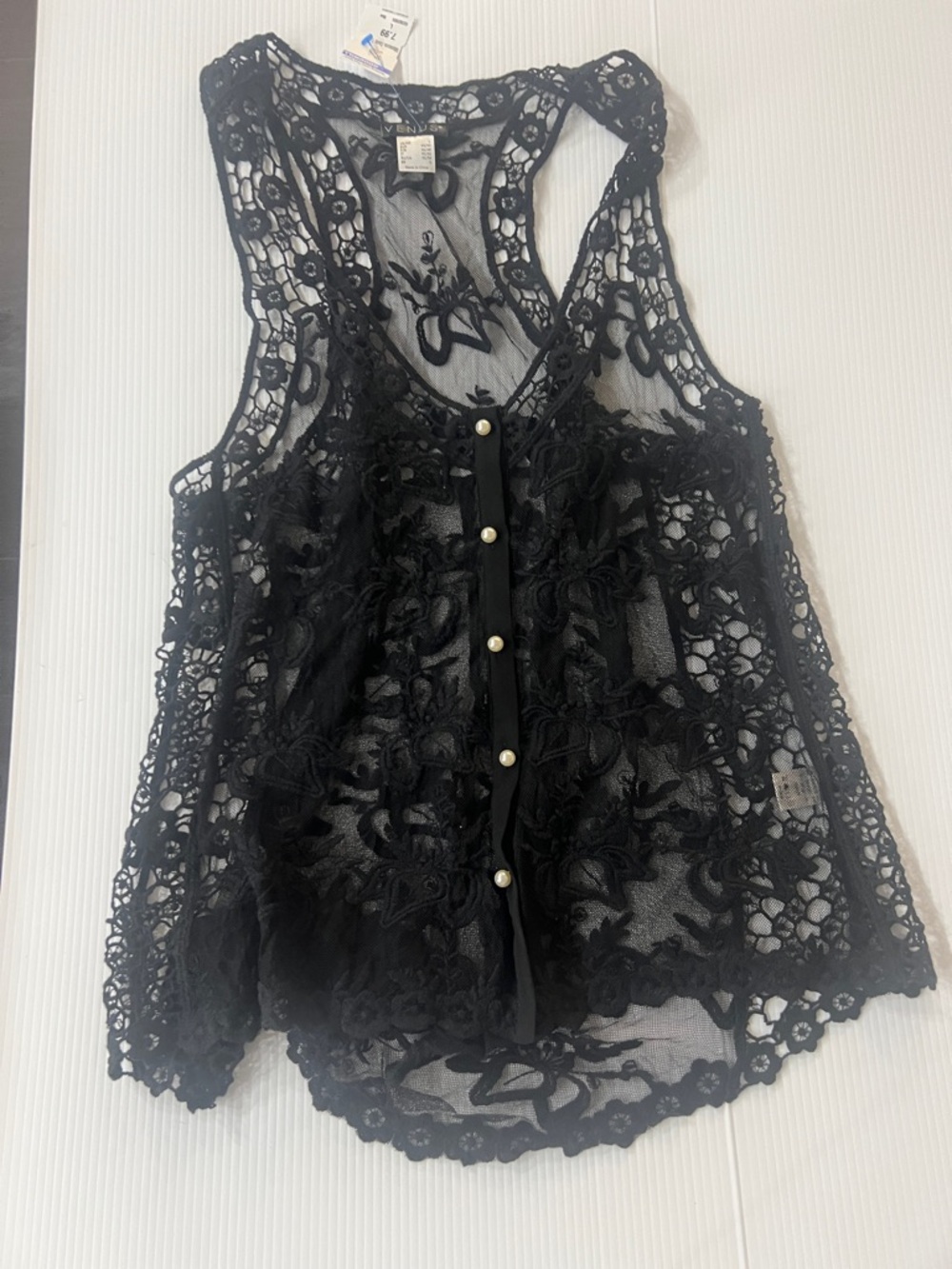 Sheer Black Lace Button top  Women L - Picture 2 of 3